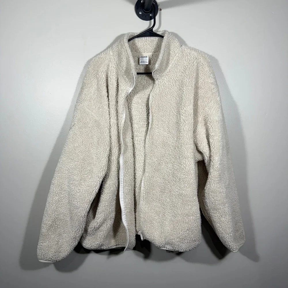 PINK Victoria's Secret XL Cream Teddy Sherpa Fleece Full Zip Jacket‎ Oversized